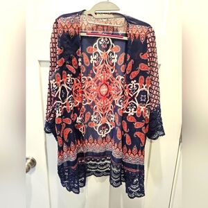 Jolt Navy Boho Paisley Kimono Cardigan with Crochet Trim Size M